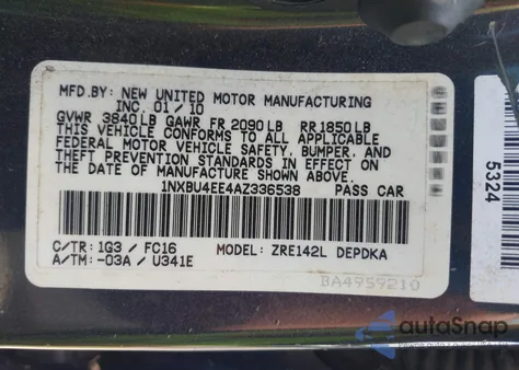 2010 Toyota Corolla Le из США, поврежденный, VIN 1NXBU4EE4AZ336538